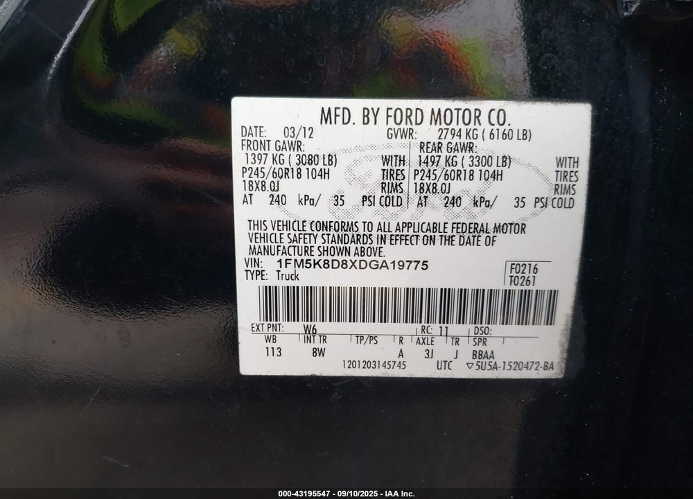 2013 FORD EXPLORER VIN: 1FM5K8D8XDGA19775