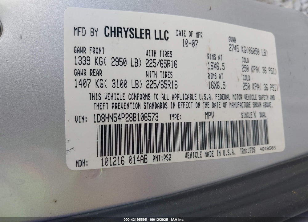 2008 DODGE GRAND CARAVAN SXT VIN: 1D8HN54P28B106573