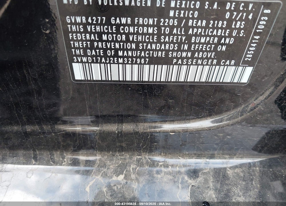 2014 VOLKSWAGEN JETTA VIN: 3VWD17AJ2EM327967