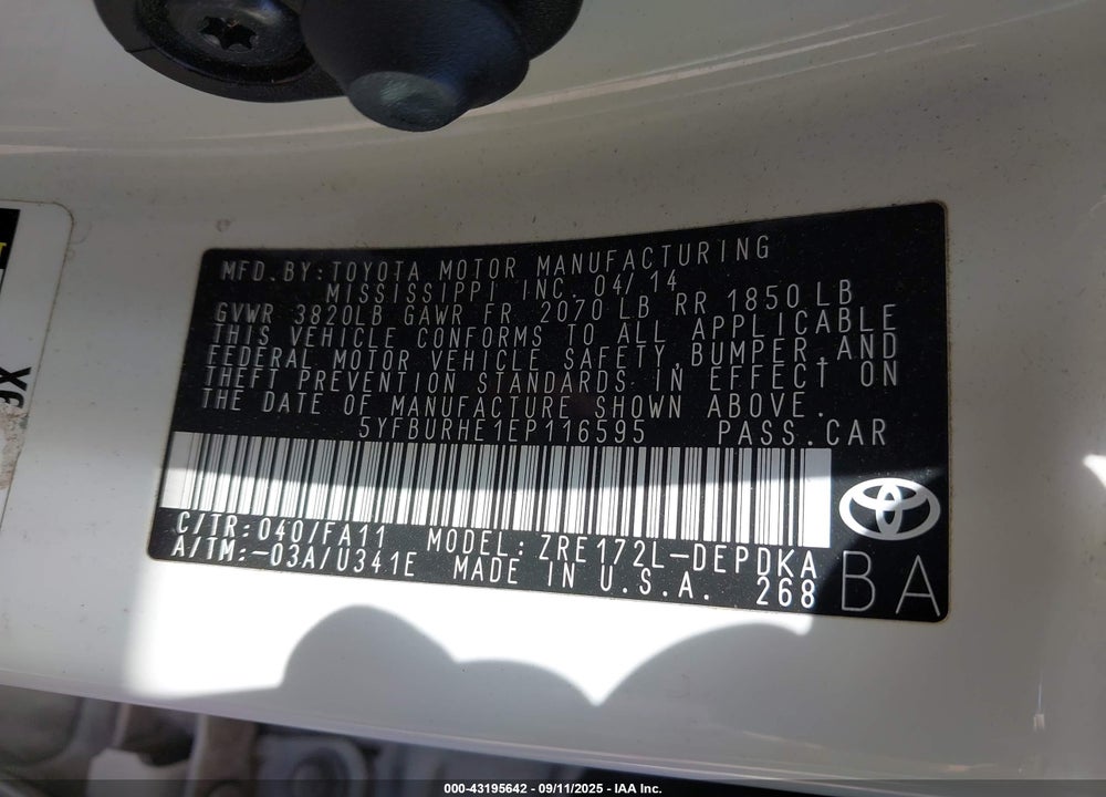 2014 TOYOTA COROLLA VIN: 5YFBURHE1EP116595
