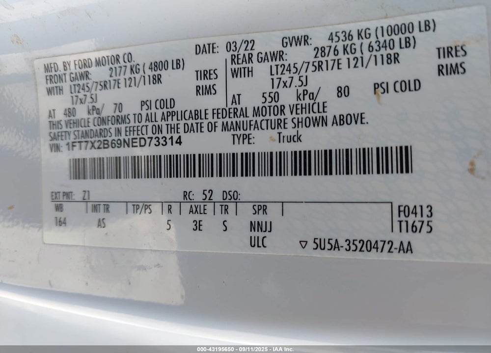2022 FORD F-250 VIN: 1FT7X2B69NED73314