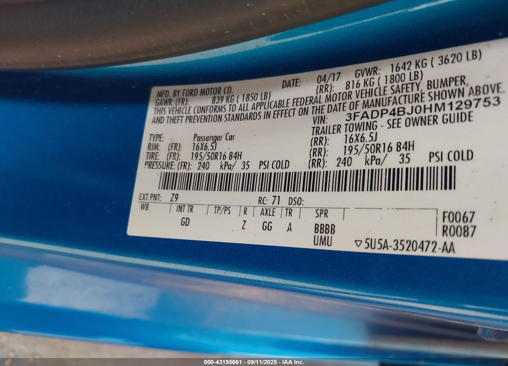 2017 FORD FIESTA VIN: 3FADP4BJ0HM129753