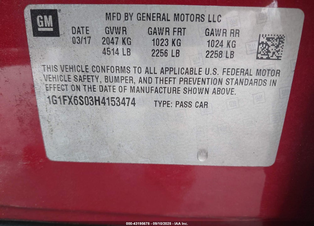 2017 CHEVROLET BOLT EV PREMIER VIN: 1G1FX6S03H4153474