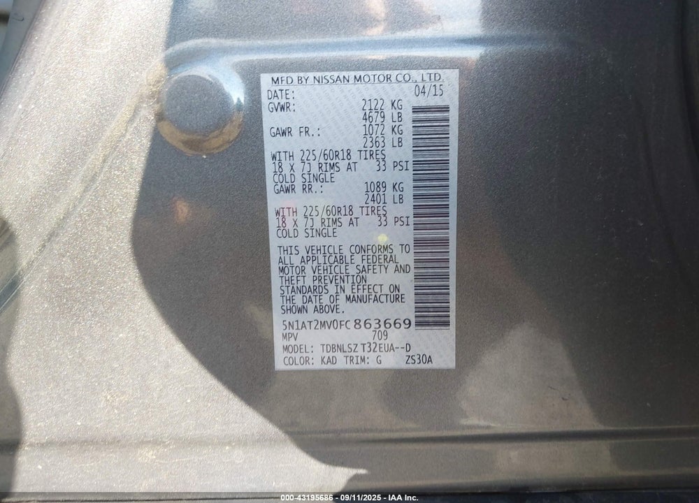2015 NISSAN ROGUE VIN: 5N1AT2MV0FC863669