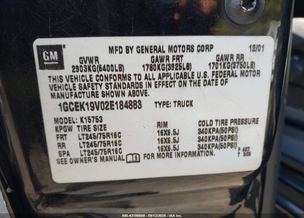 2002 CHEVROLET SILVERADO 1500 LS VIN: 1GCEK19V02E184883