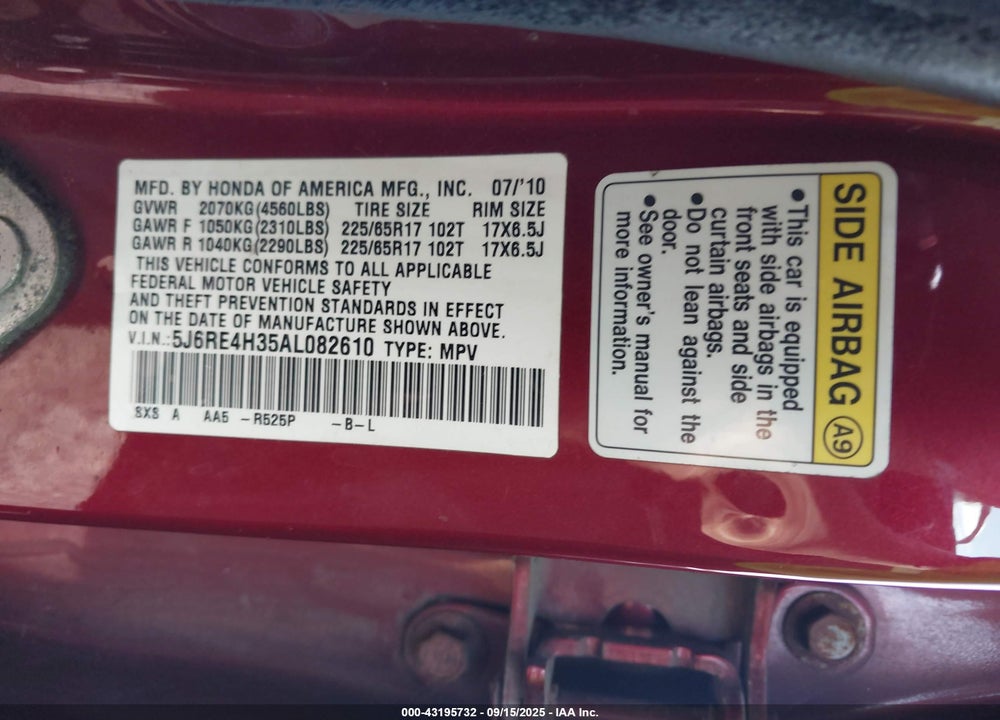 2010 HONDA CR-V VIN: 5J6RE4H35AL082610