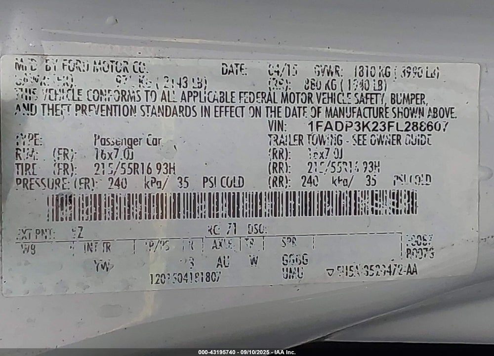 2015 FORD FOCUS VIN: 1FADP3K23FL288607