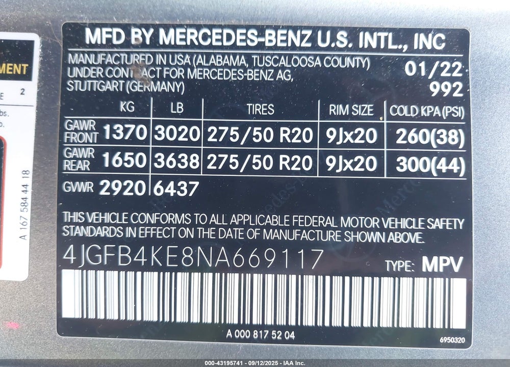 2022 MERCEDES-BENZ GLE CLASS VIN: 4JGFB4KE8NA669117