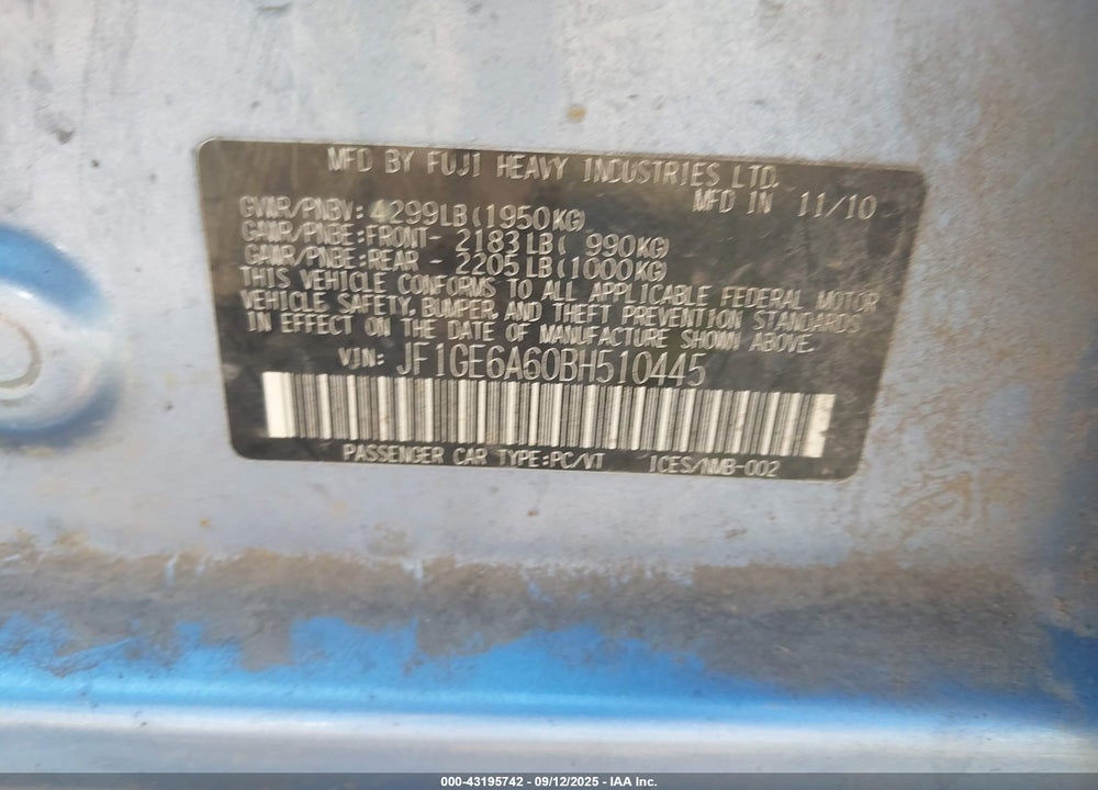 2011 SUBARU IMPREZA VIN: JF1GE6A60BH510445