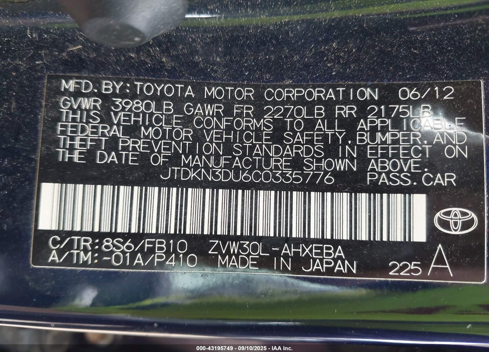 2012 TOYOTA PRIUS VIN: JTDKN3DU6C0335776