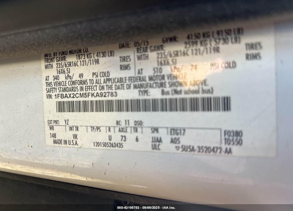2015 FORD TRANSIT VIN: 1FBAX2CM5FKA92783