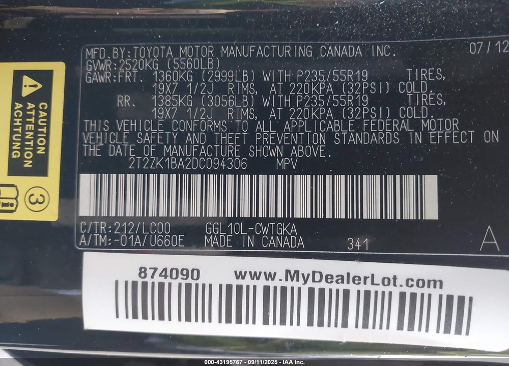 2013 LEXUS RX 350 VIN: 2T2ZK1BA2DC094306