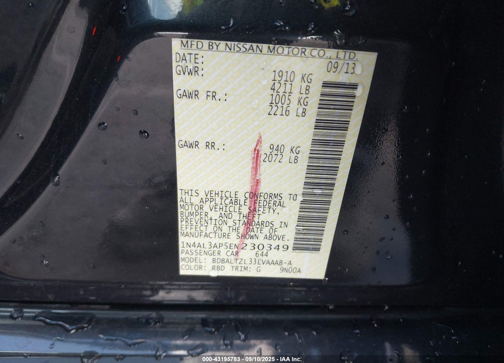 2014 NISSAN ALTIMA VIN: 1N4AL3AP5EN230349