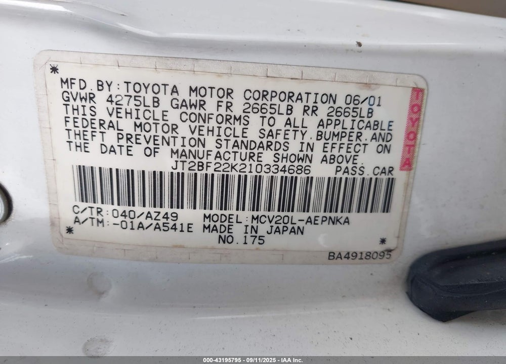 2001 TOYOTA CAMRY LE V6 VIN: JT2BF22K210334686