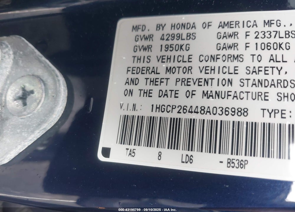 2008 HONDA ACCORD 2.4 LX-P VIN: 1HGCP26448A036988