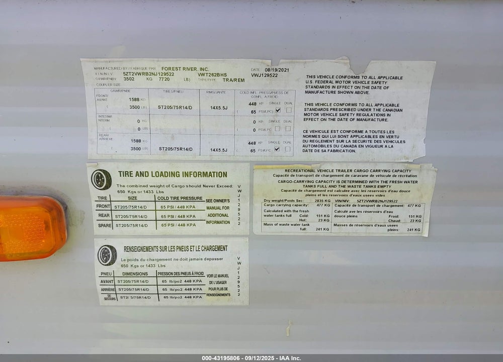 2022 FOREST RIVER VIKING TRAVEL TRAILER VIN: 5ZT2VWRB2NJ129522