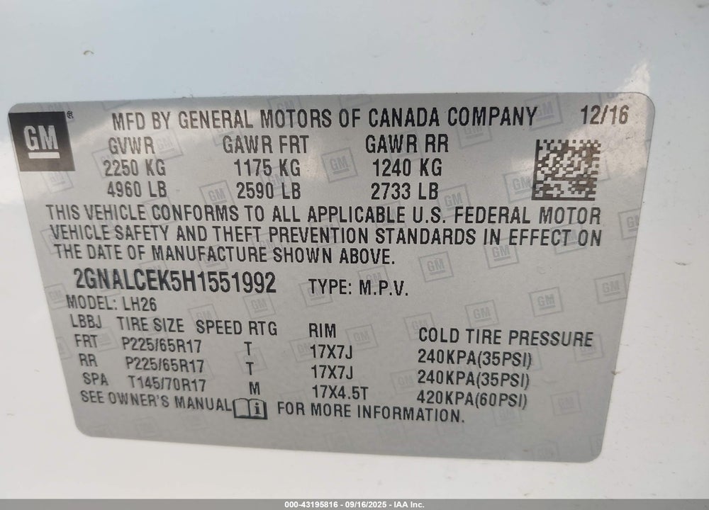 2017 CHEVROLET EQUINOX VIN: 2GNALCEK5H1551992