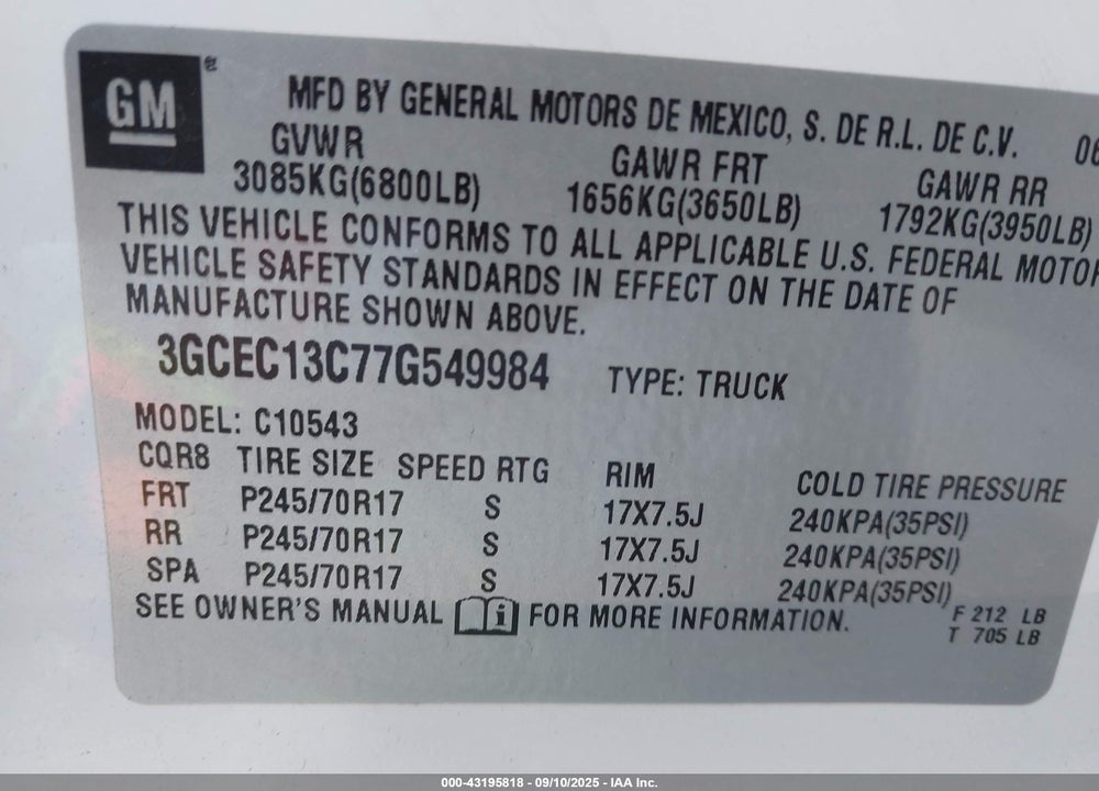 2007 CHEVROLET SILVERADO 1500 VIN: 3GCEC13C77G549984