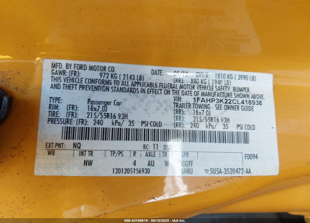 2012 FORD FOCUS VIN: 1FAHP3K22CL418938