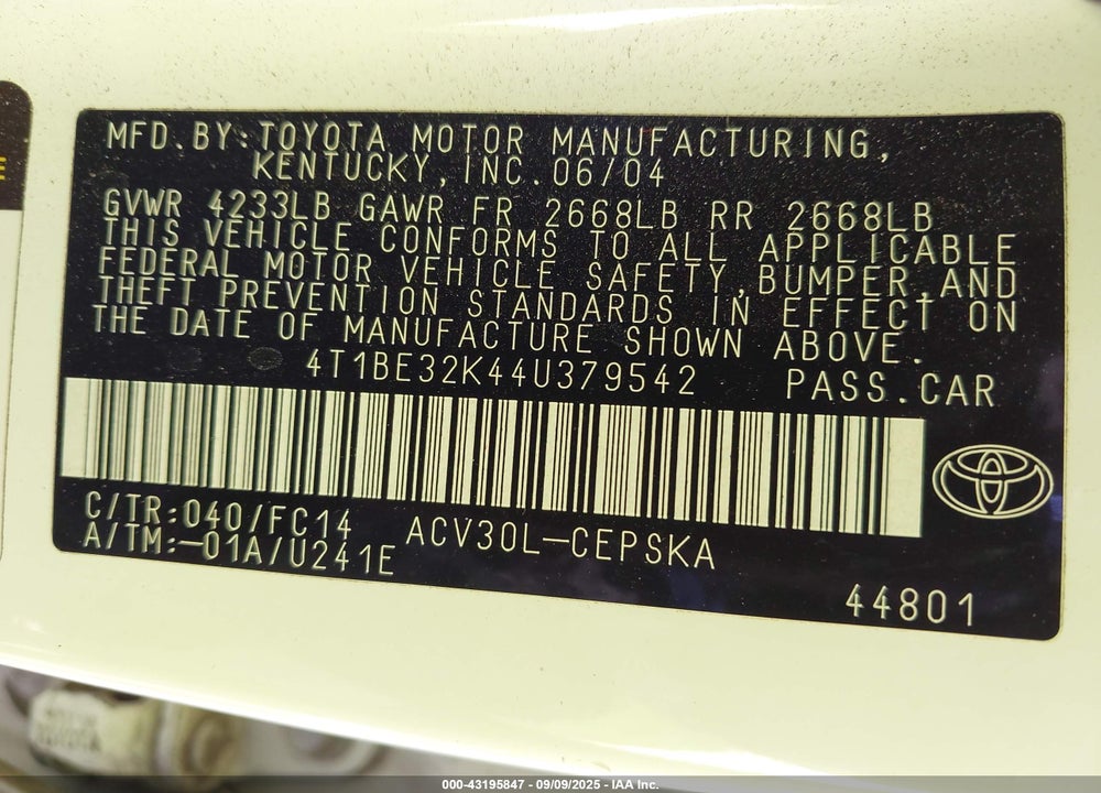 2004 TOYOTA CAMRY SE VIN: 4T1BE32K44U379542
