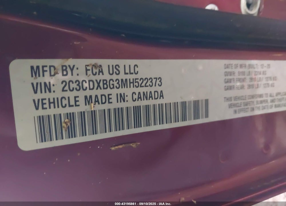 2021 DODGE CHARGER SXT RWD VIN: 2C3CDXBG3MH522373