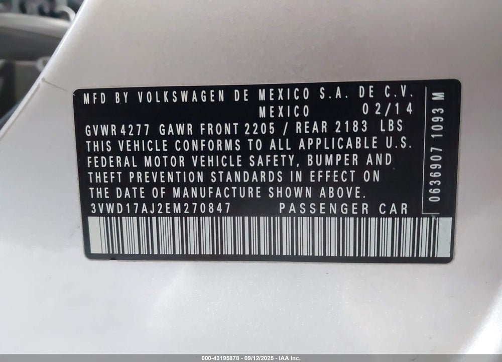 2014 VOLKSWAGEN JETTA SE VIN: 3VWD17AJ2EM270847