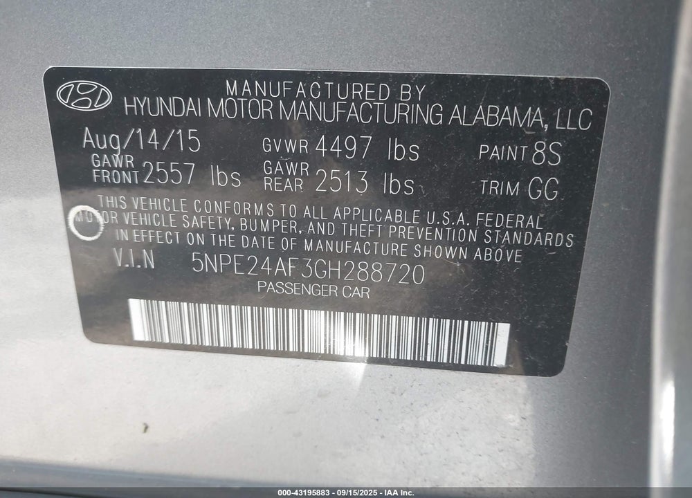 2016 HYUNDAI SONATA VIN: 5NPE24AF3GH288720