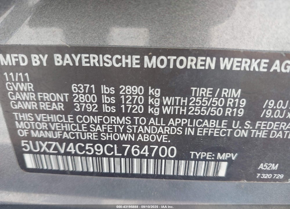 2012 BMW X5 VIN: 5UXZV4C59CL764700
