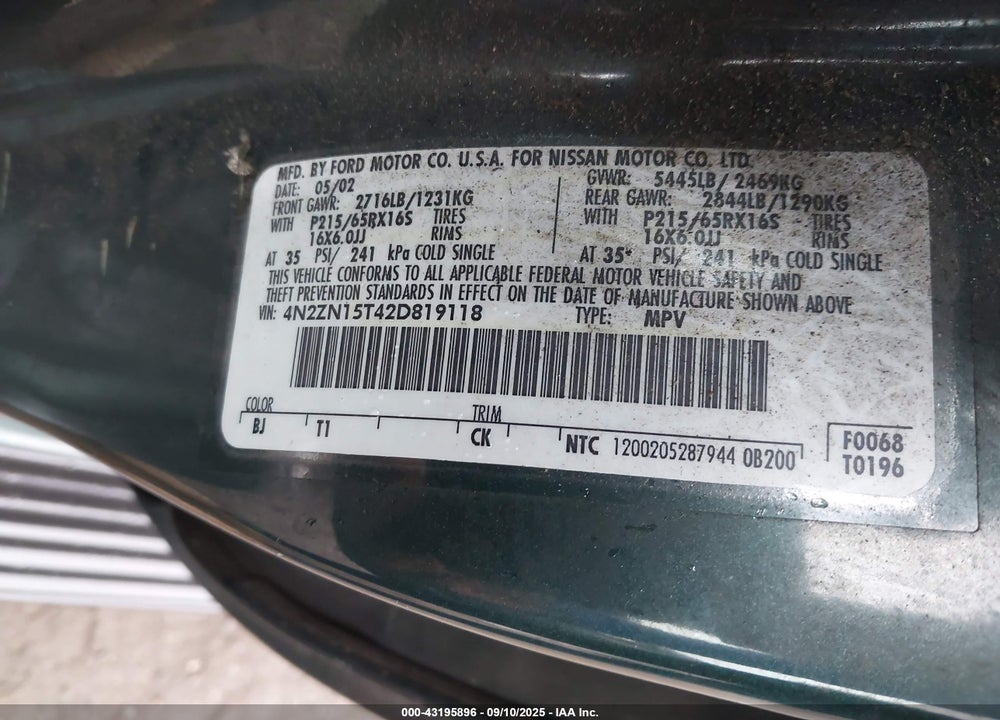 2002 NISSAN QUEST GXE VIN: 4N2ZN15T42D819118