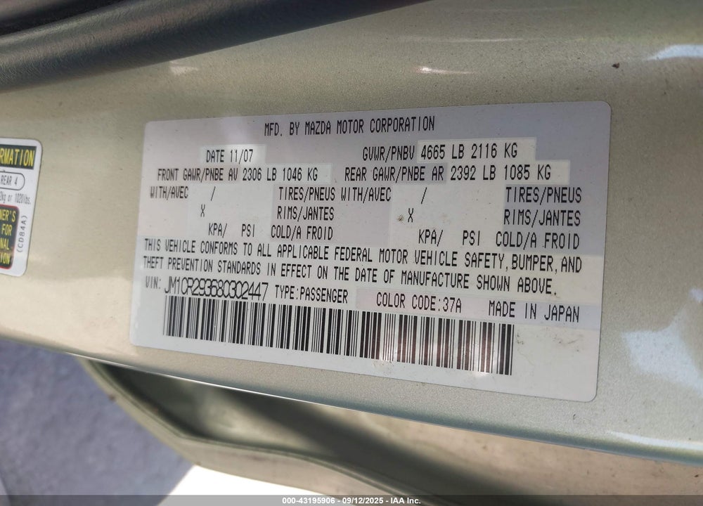 2008 MAZDA 5 SPORT VIN: JM1CR293680302447