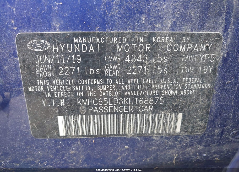 2019 HYUNDAI IONIQ HYBRID VIN: KMHC65LD3KU168875