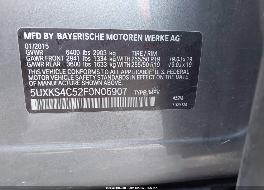 2015 BMW X5 VIN: 5UXKS4C52F0N06907
