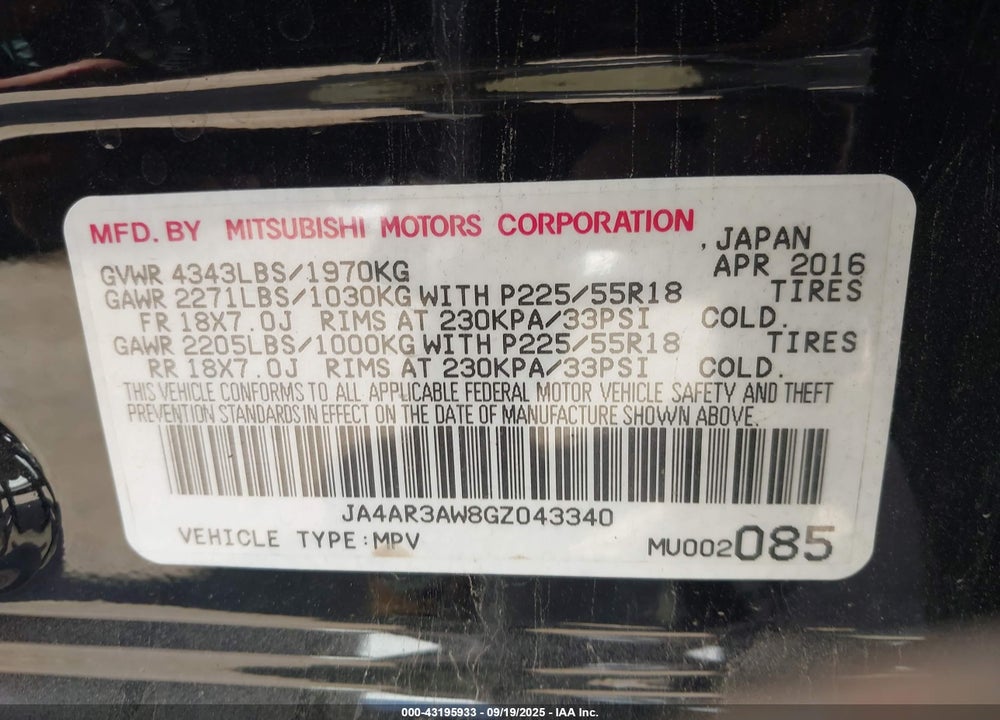2016 MITSUBISHI OUTLANDER SPORT VIN: JA4AR3AW8GZ043340