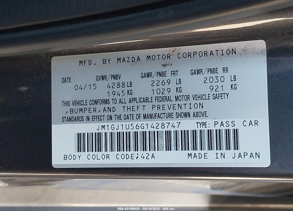 2016 MAZDA 6 VIN: JM1GJ1U56G1428747