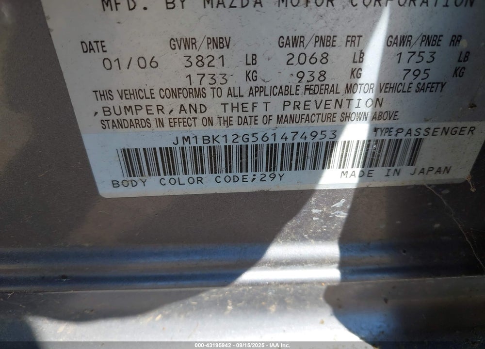 2006 MAZDA 3 I VIN: JM1BK12G561474953