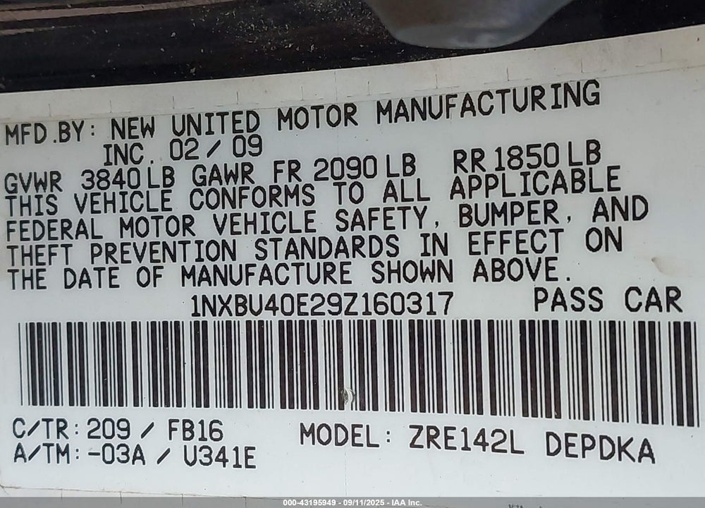 2009 TOYOTA COROLLA LE VIN: 1NXBU40E29Z160317