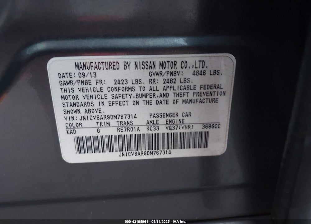 2013 INFINITI G37 VIN: JN1CV6AR9DM767314