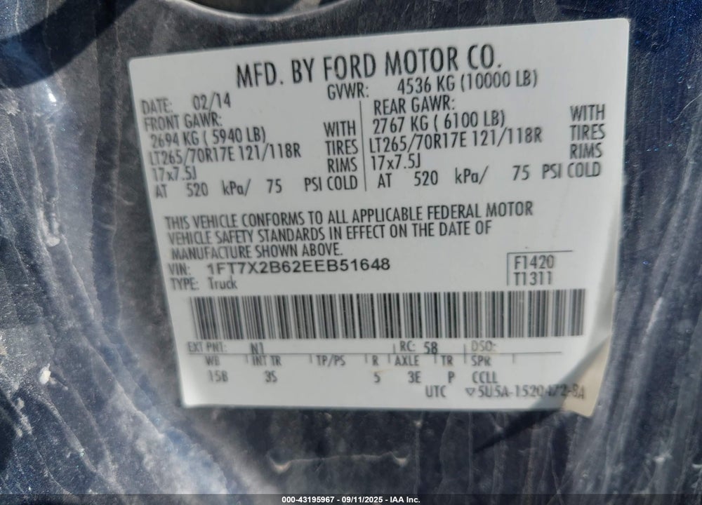 2014 FORD F-250 VIN: 1FT7X2B62EEB51648
