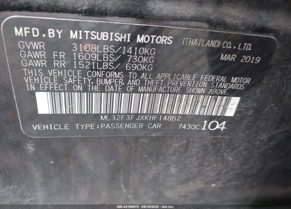 2019 MITSUBISHI MIRAGE VIN: ML32F3FJXKHF14862