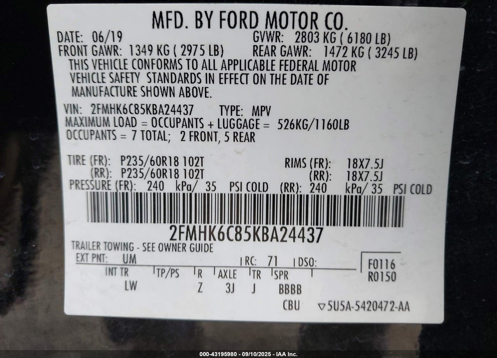 2019 FORD FLEX SEL VIN: 2FMHK6C85KBA24437