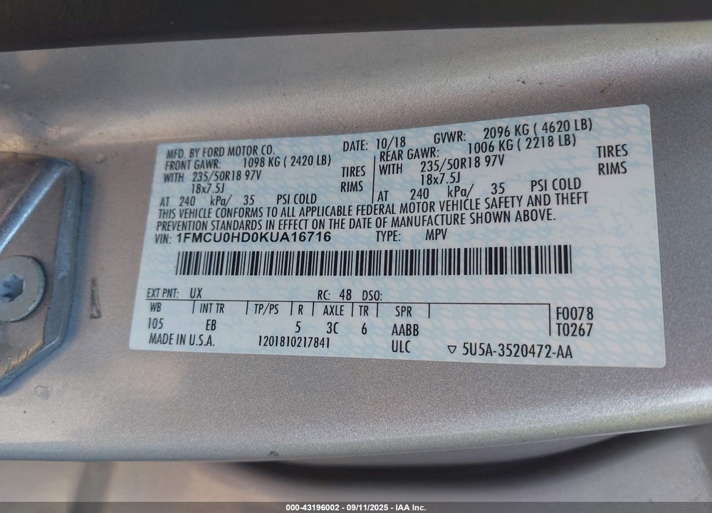 2019 FORD ESCAPE VIN: 1FMCU0HD0KUA16716