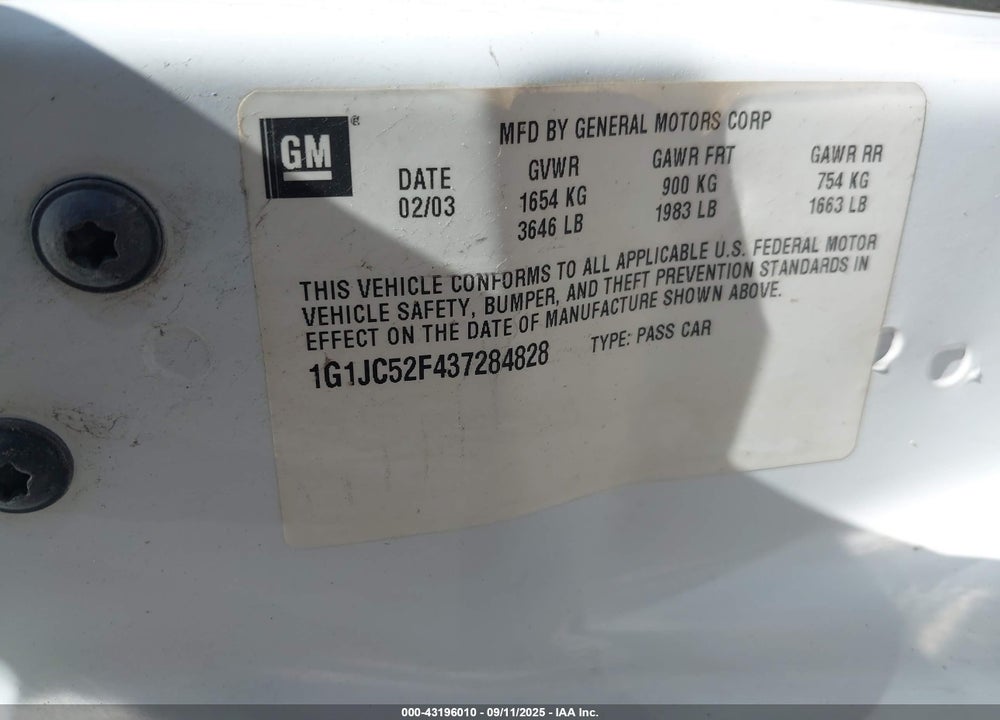 2003 CHEVROLET CAVALIER VIN: 1G1JC52F437284828