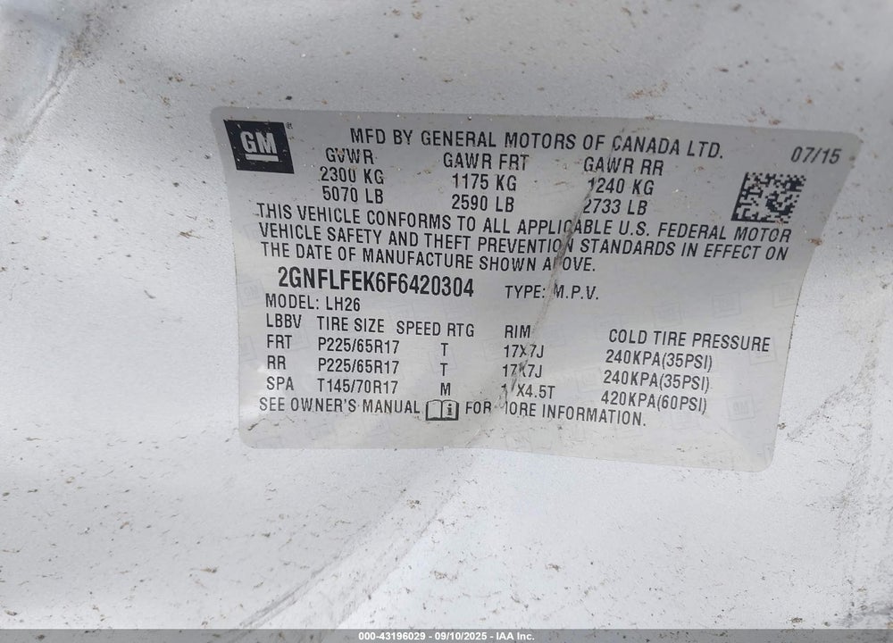 2015 CHEVROLET EQUINOX 1LT VIN: 2GNFLFEK6F6420304