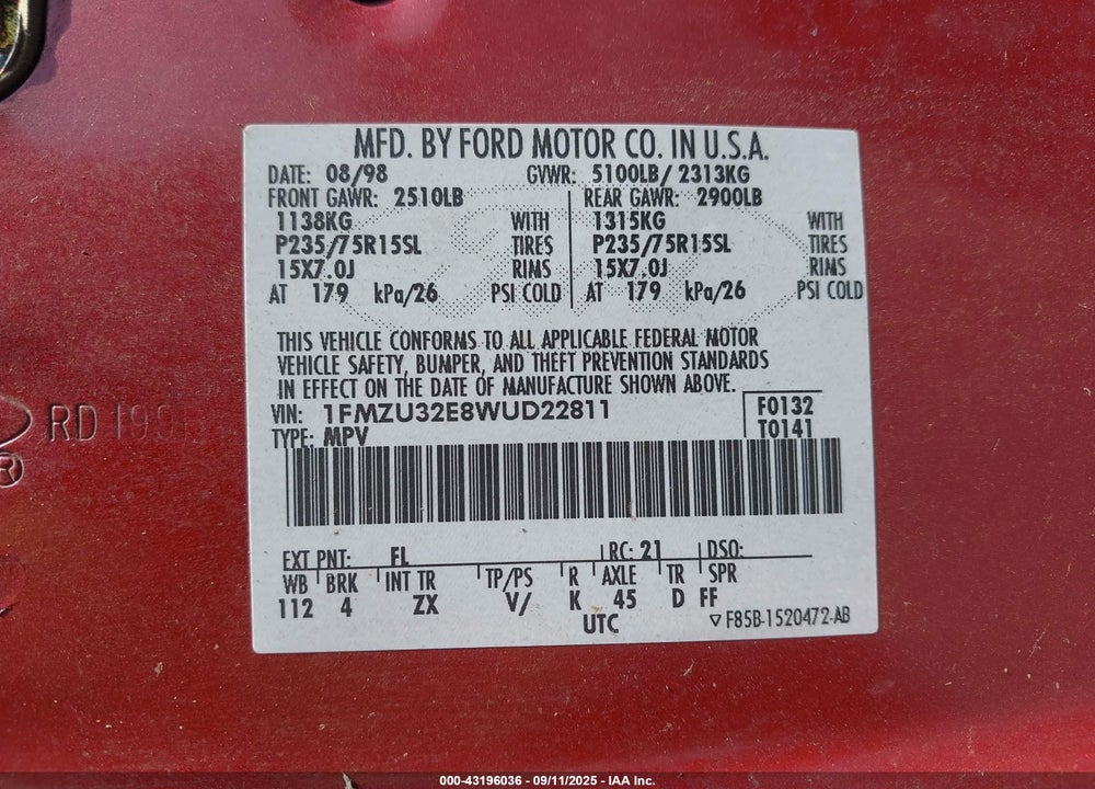 1998 FORD EXPLORER EDDIE BAUER/LIMITED/XL/XLT VIN: 1FMZU32E8WUD22811