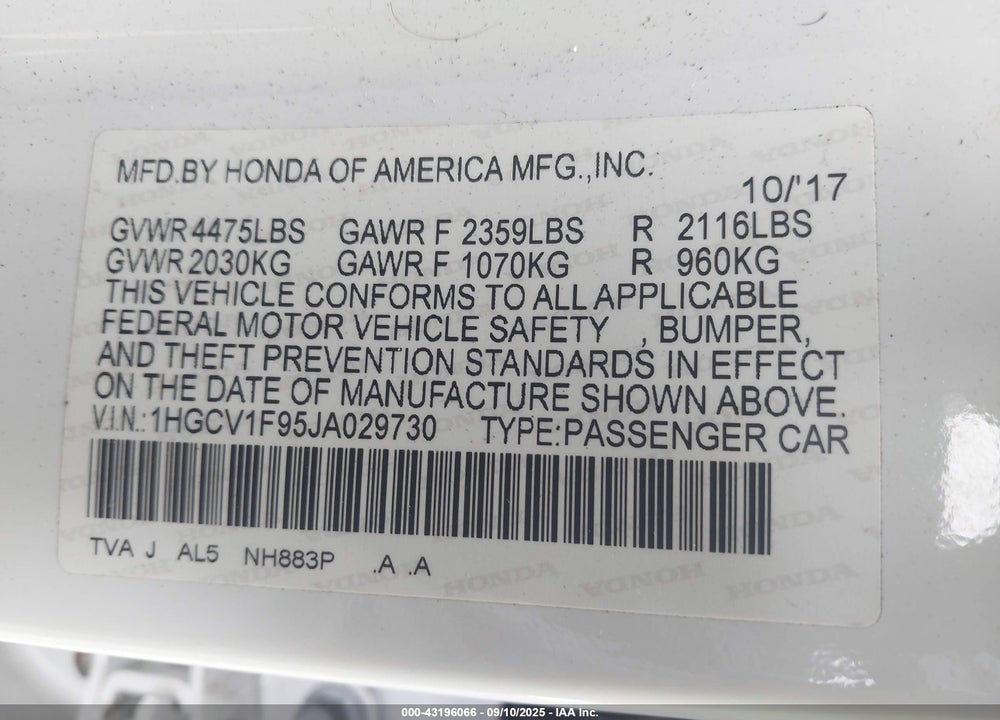 2018 HONDA ACCORD TOURING VIN: 1HGCV1F95JA029730