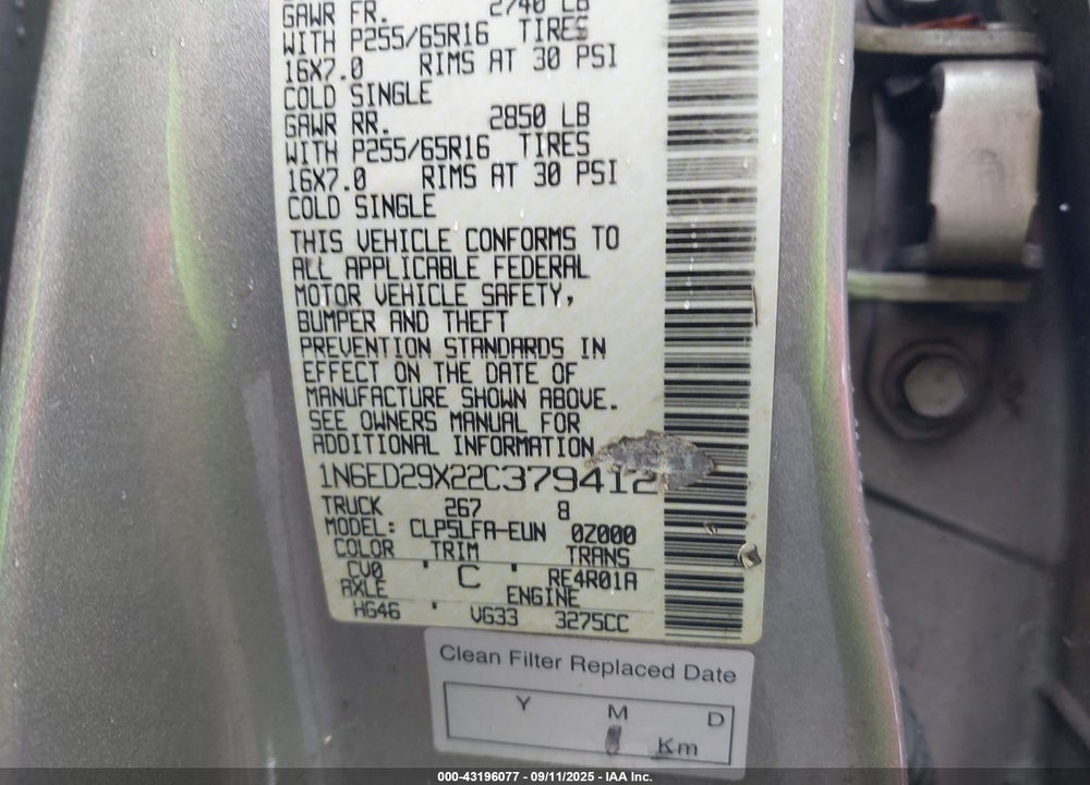 2002 NISSAN FRONTIER SE-V6 VIN: 1N6ED29X22C379412