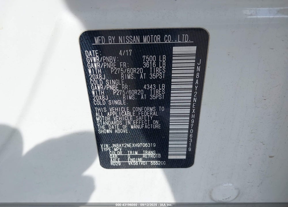 2017 NISSAN ARMADA VIN: JN8AY2NEXH9706319