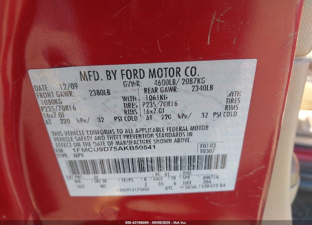 2010 FORD ESCAPE VIN: 1FMCU9D75AKB50541