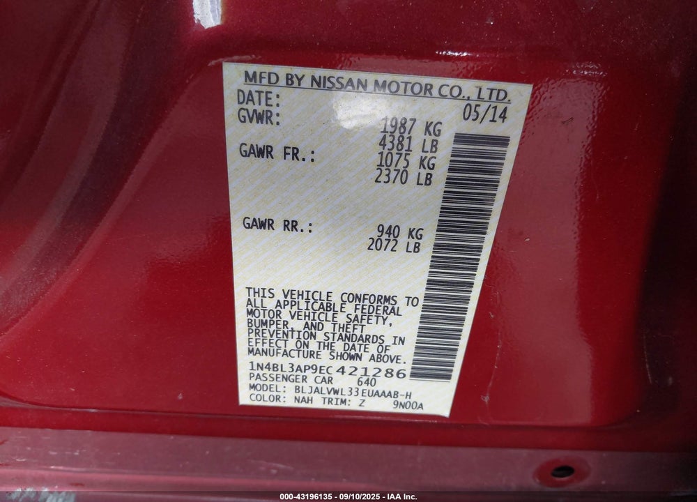 2014 NISSAN ALTIMA VIN: 1N4BL3AP9EC421286