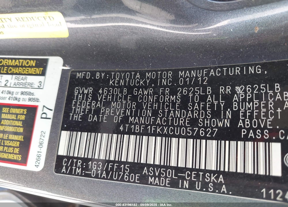 2012 TOYOTA CAMRY VIN: 4T1BF1FKXCU057627